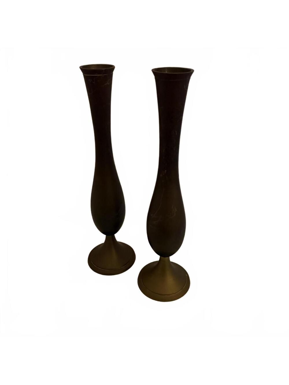 A pair of vintage brass vases with flared necks and bulbous bases.